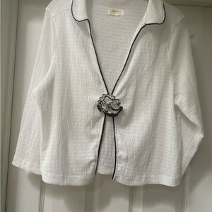 Anthropologie White Textured Top with Black Trim